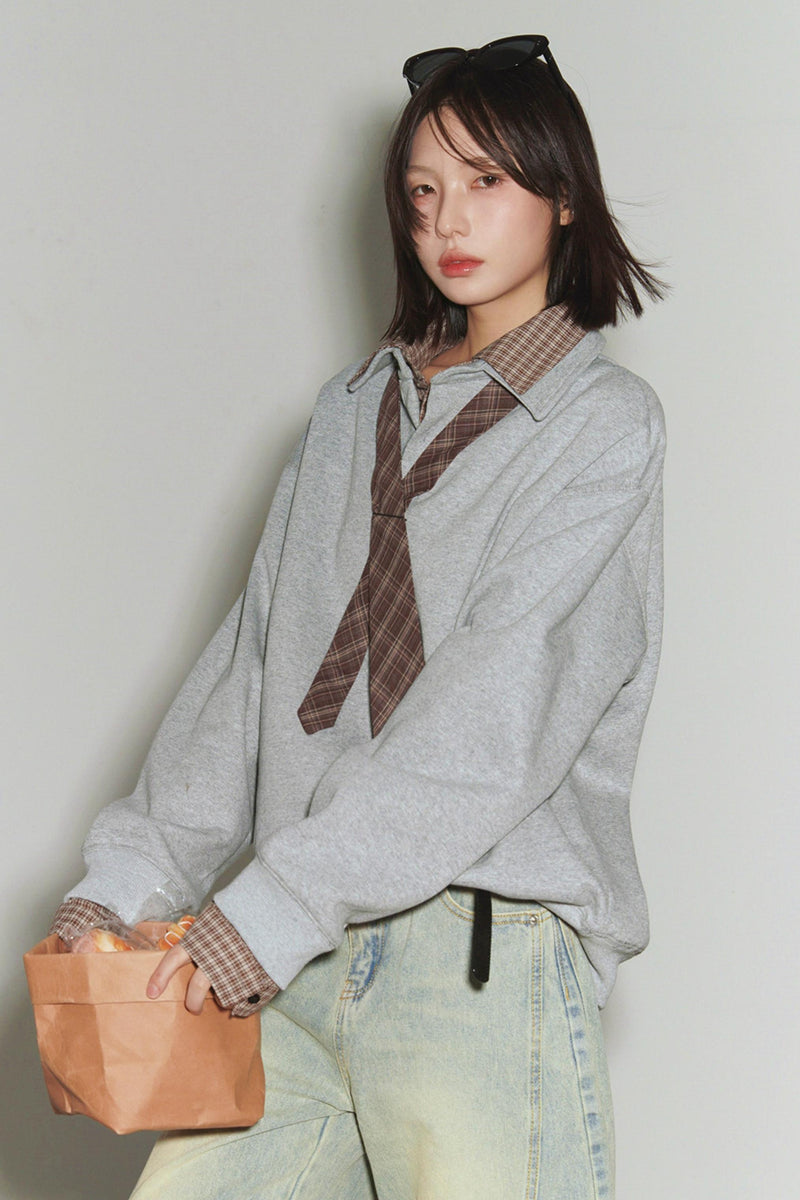 Plaid Patchwork Polo Sweatshirt