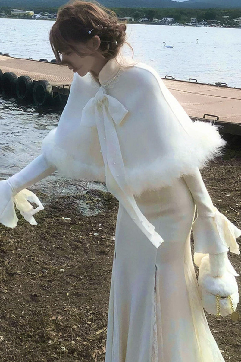 French Lace Waist Slimming Dress + Soft White Longline Cloak