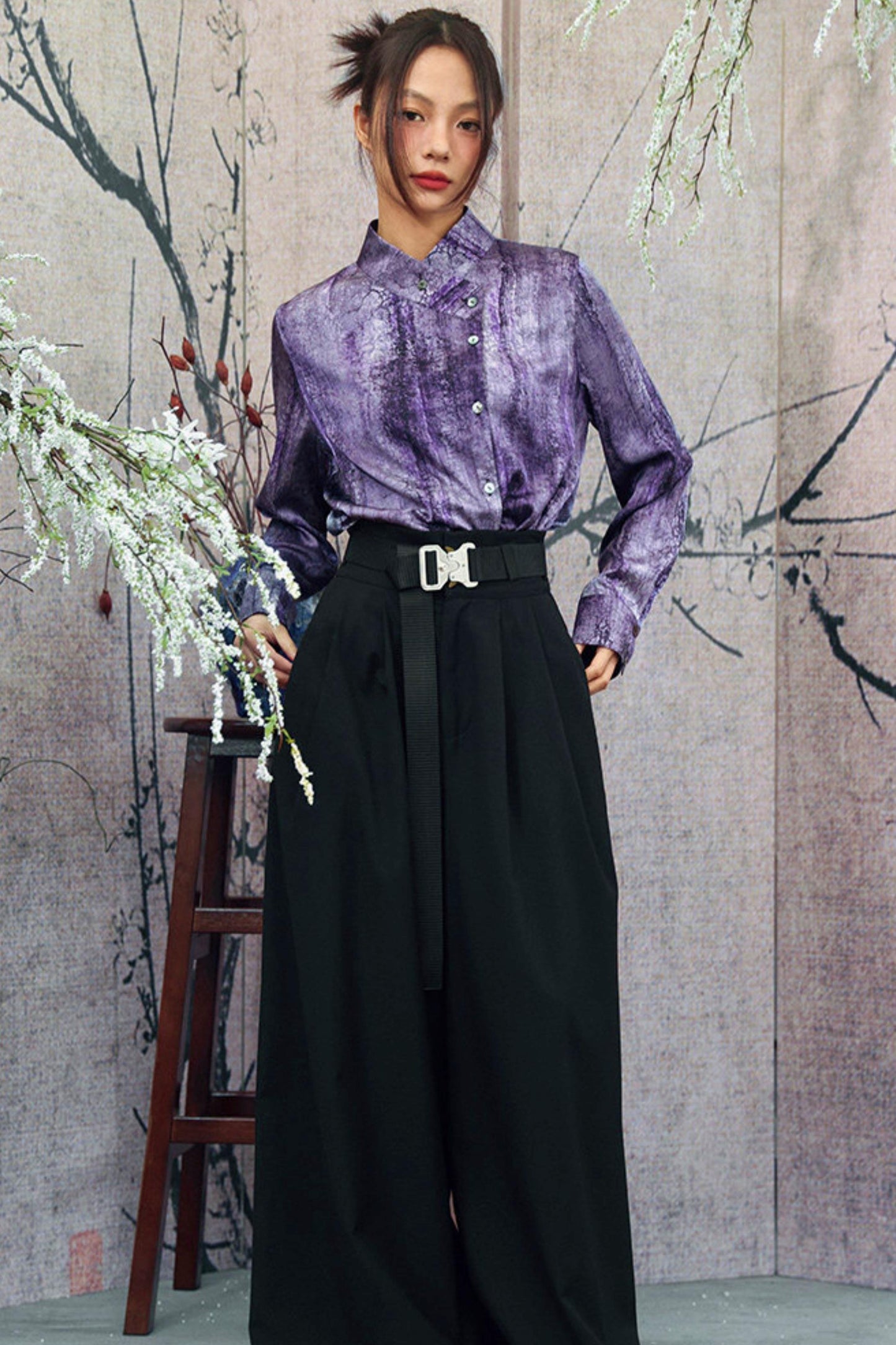 Satin Retro Stand Collar Top