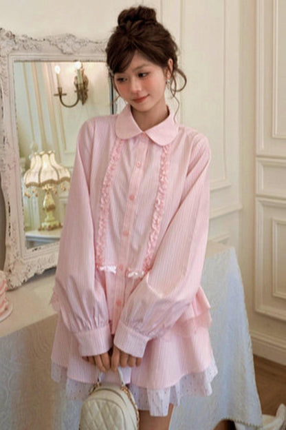 Lace Patchwork Doll Collar Blouse + Skirt