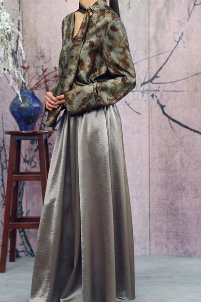 Silver Gray Metallic Satin Blouse