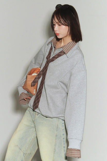 Plaid Patchwork Polo Sweatshirt