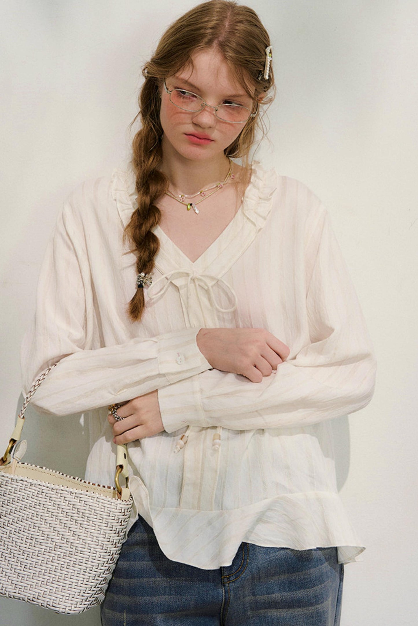 Striped Lace Sleeve Blouse
