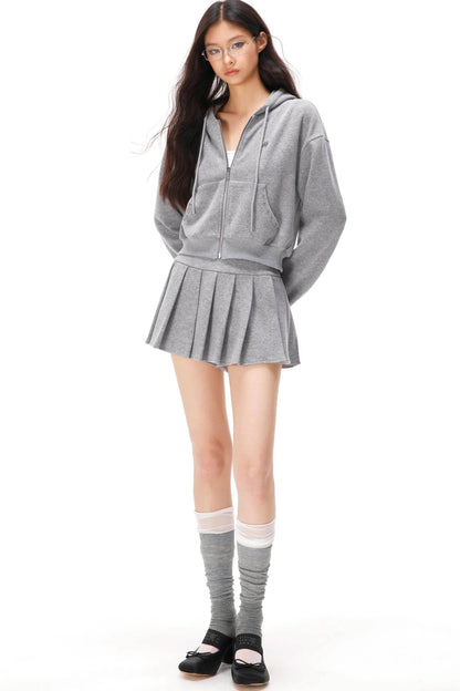 Zip-up Hoodie + Pleated Skirt