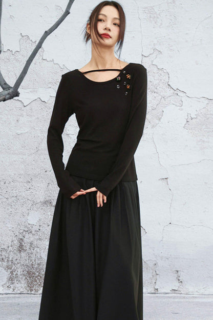 Crystal Button Velvet Knitted Top
