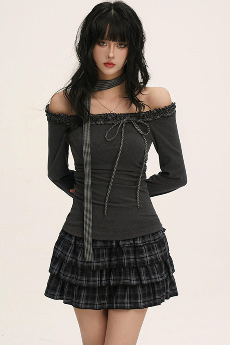 Off-shoulder Ruffle Ribbon Top (with Skinny Long Scarf)