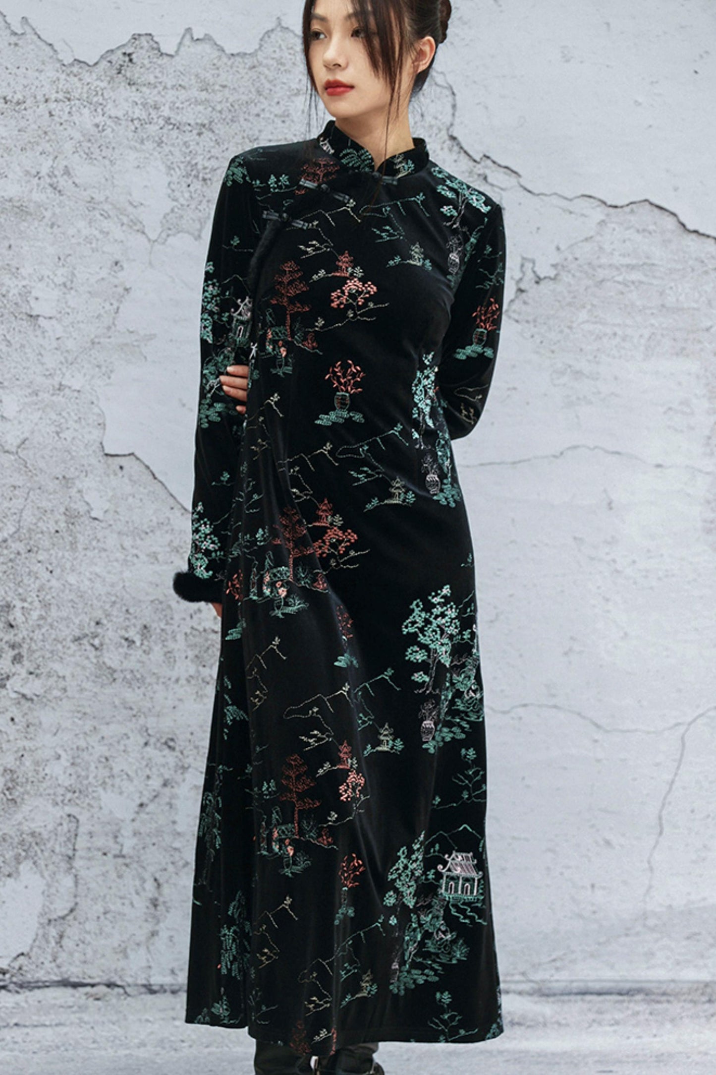 Embroidered Plush Cheongsam Dress