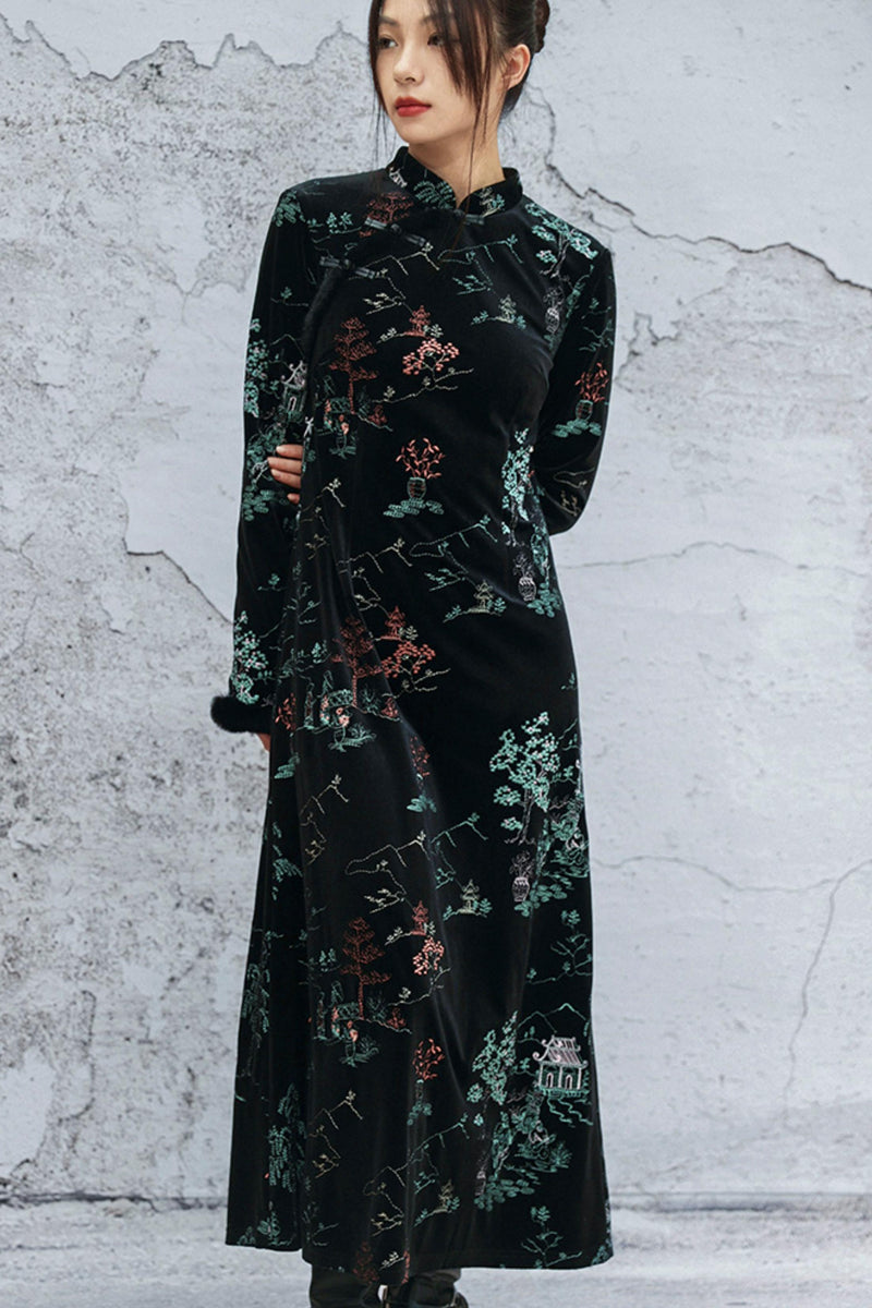 Embroidered Plush Cheongsam Dress