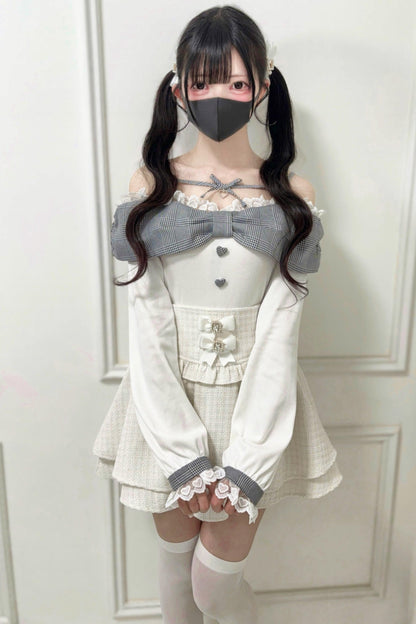 Off-shoulder Lace Ribbon Strap Knit Top