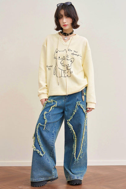 Cat Loose V Neck Sweatshirt