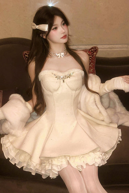 French Off-the-shoulder Dress + Shawl + Sleeves