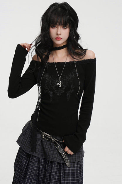 Dark Lace Off-shoulder Top (with Lace Long Scarf)