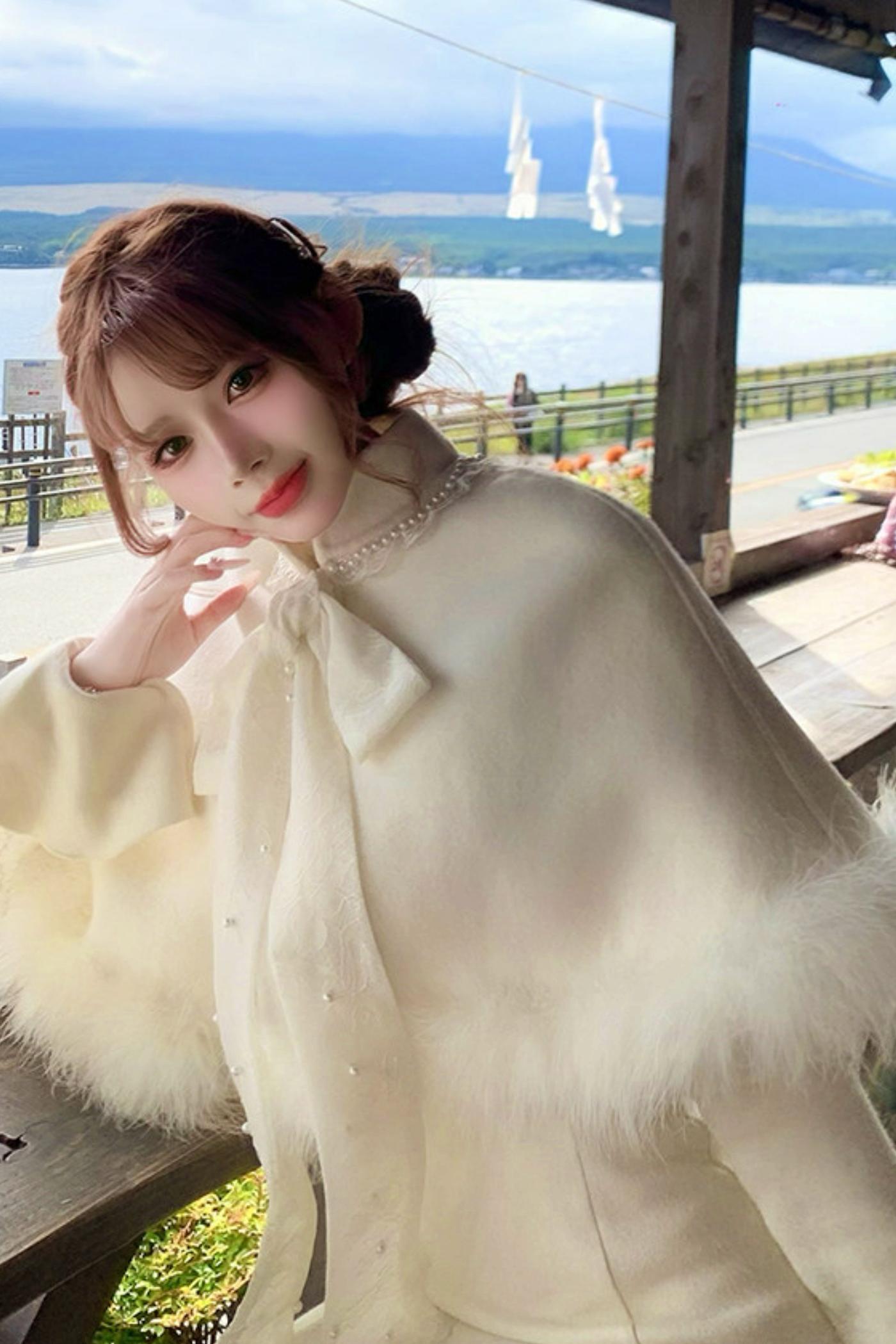 French Lace Waist Slimming Dress + Soft White Longline Cloak