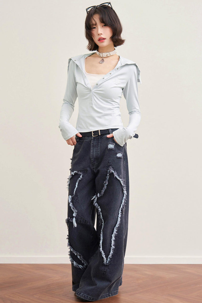 Folded Collar Cut Out Neck Top