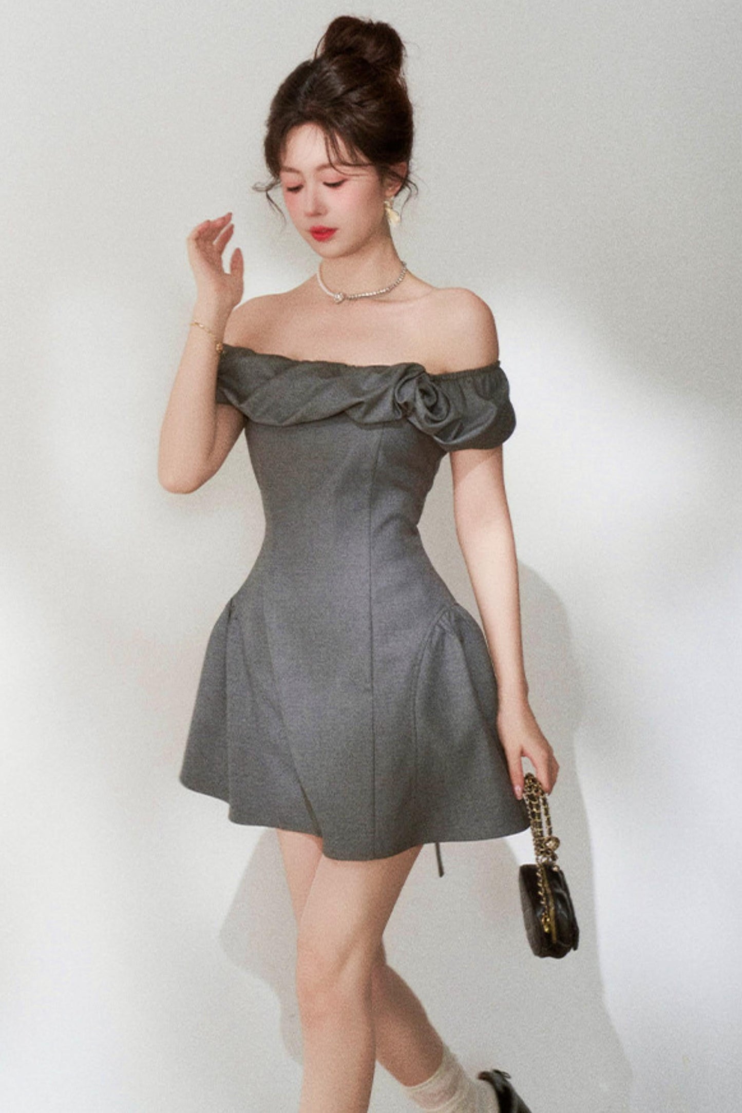 French Gray Off-shoulder Dress