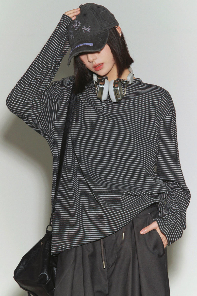 Loose Striped Button Neck Top