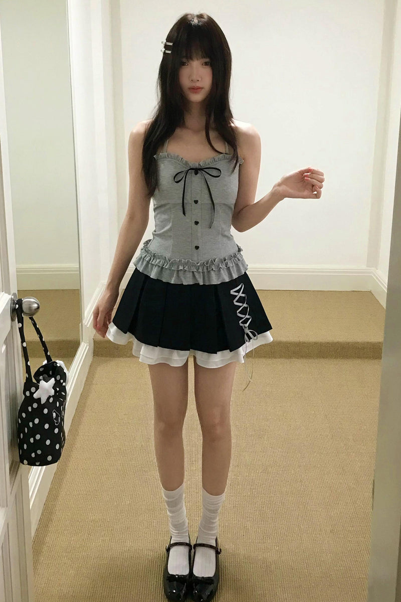 Halter Neck Cami + Lace-up Pleated Skirt + Cardigan Set