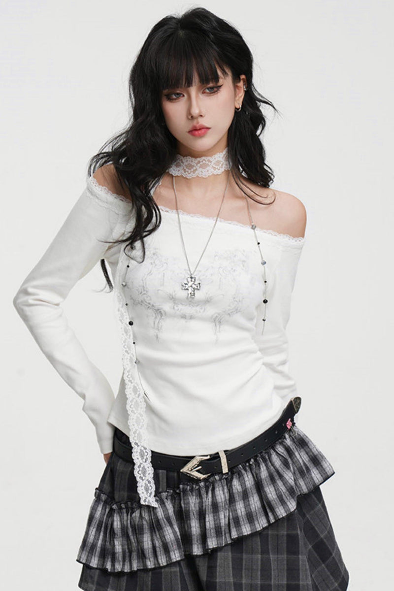 Dark Lace Off-shoulder Top (with Lace Long Scarf)
