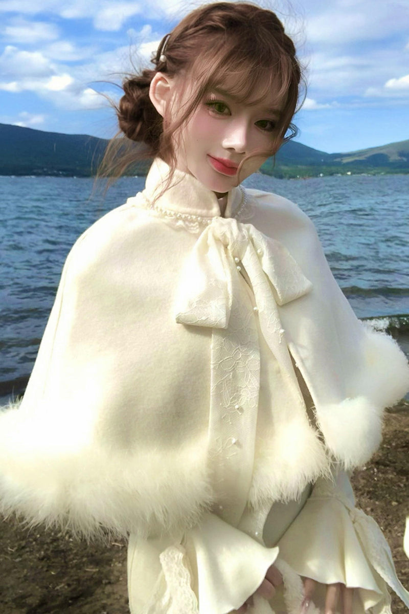French Lace Waist Slimming Dress + Soft White Longline Cloak