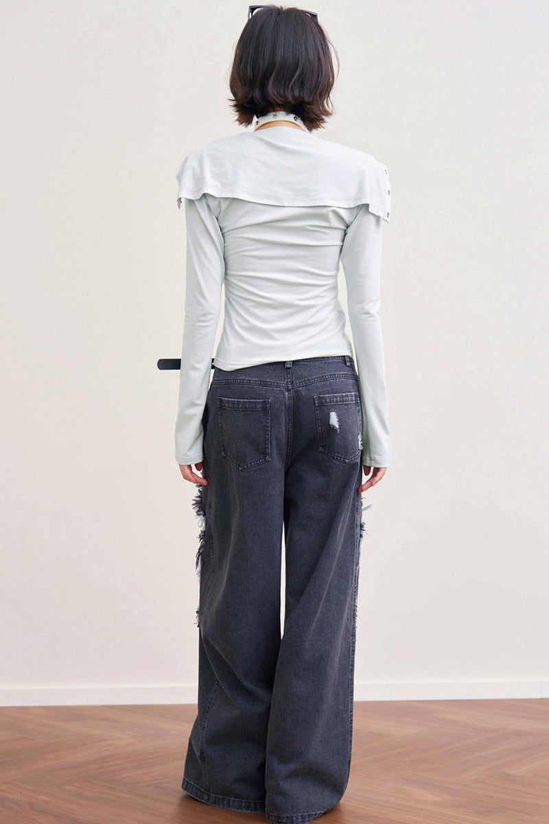 Folded Collar Cut Out Neck Top