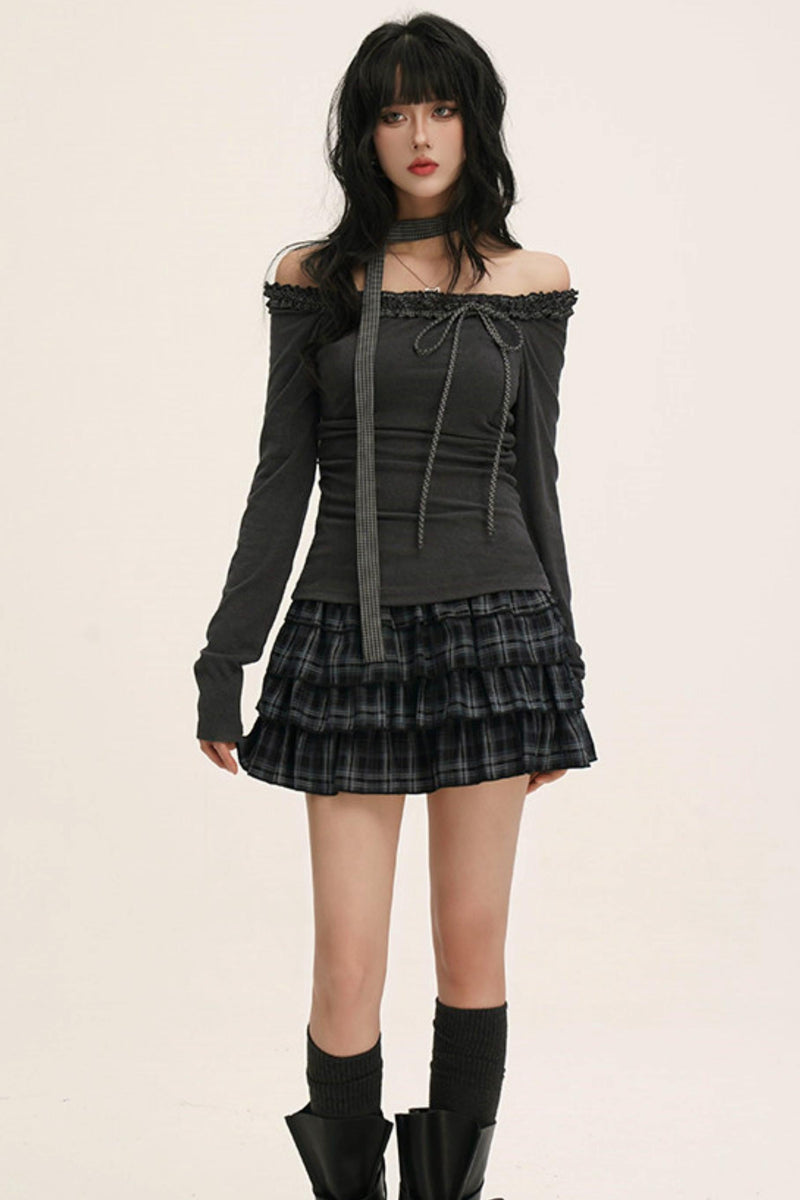 Off-shoulder Ruffle Ribbon Top (with Skinny Long Scarf)