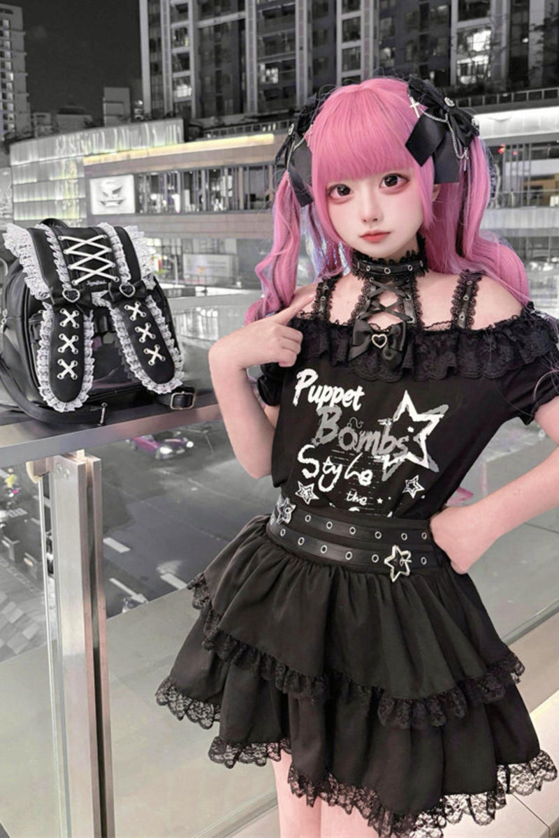 Lace-up Dark Kawaii T-shirt + Skirt + Bag + Hair Accessories