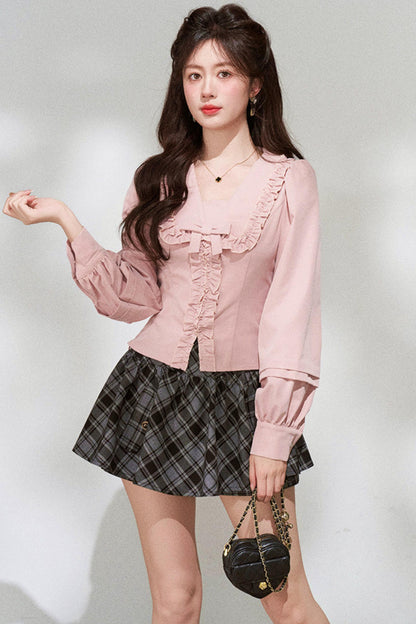 Ruffled Pink Blouse + Skirt