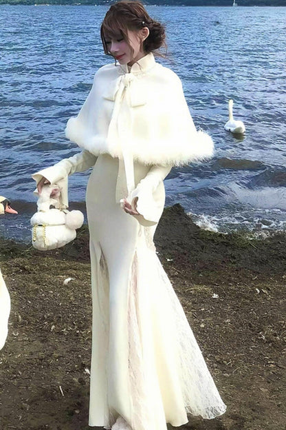French Lace Waist Slimming Dress + Soft White Longline Cloak