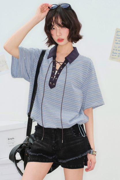 Striped Crop Polo Top