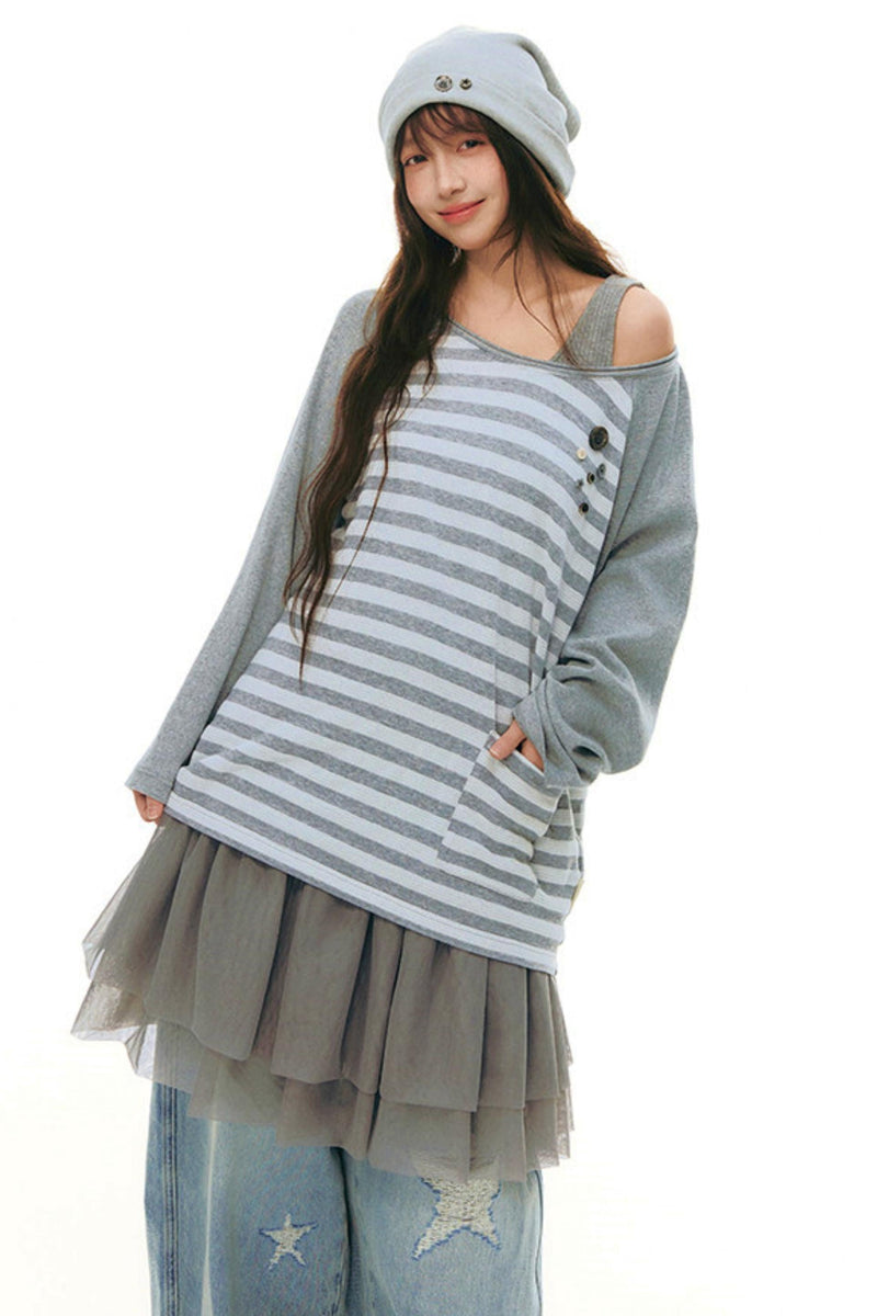 Button Striped Off-shoulder Top