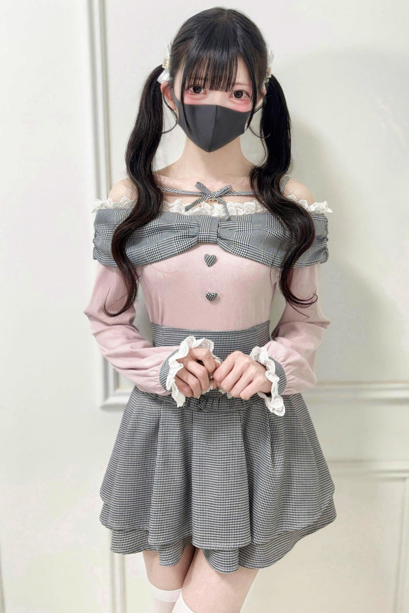 Off-shoulder Lace Ribbon Strap Knit Top