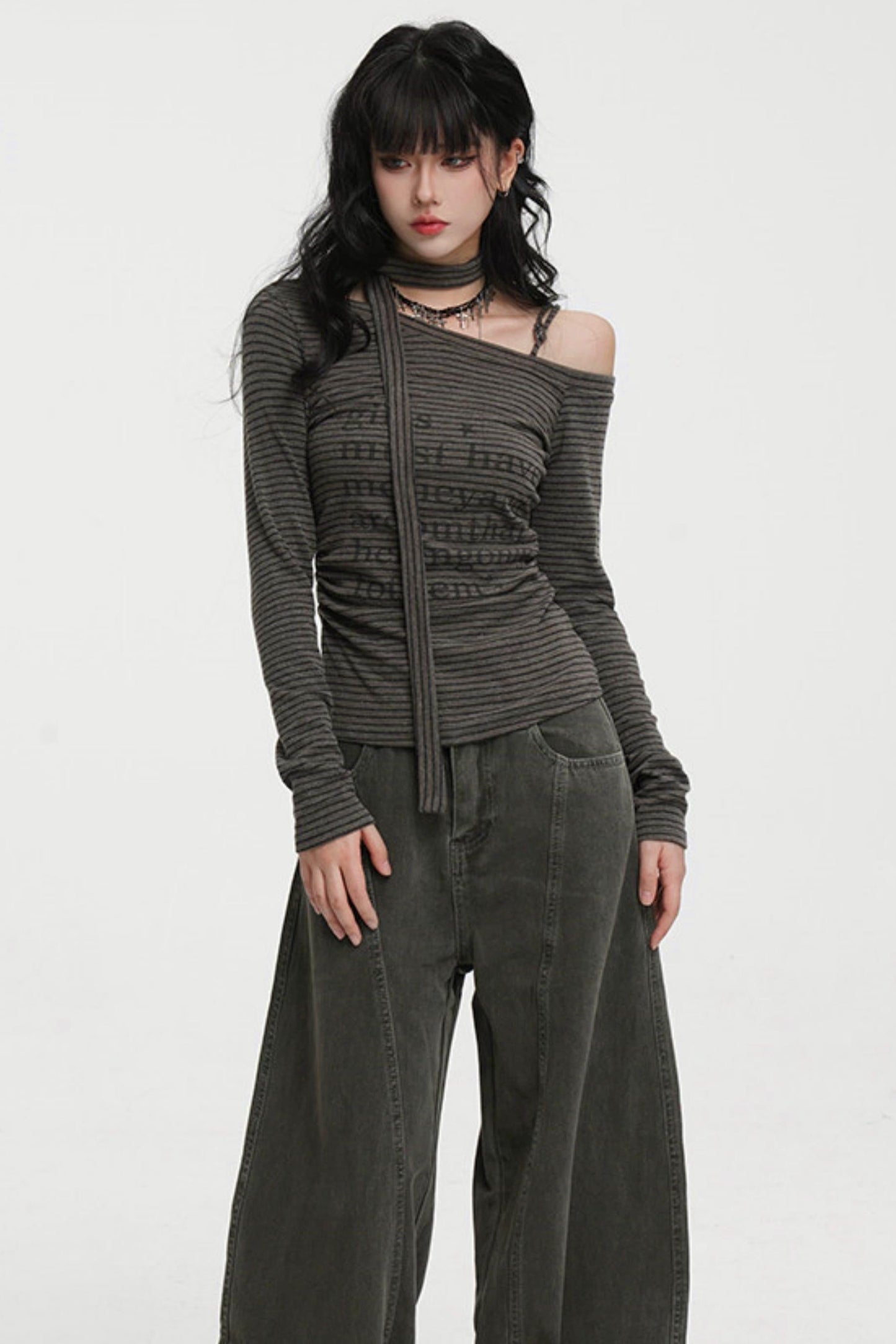 Striped One-shoulder Tie-neck Top