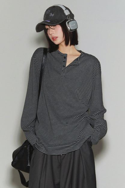 Loose Striped Button Neck Top
