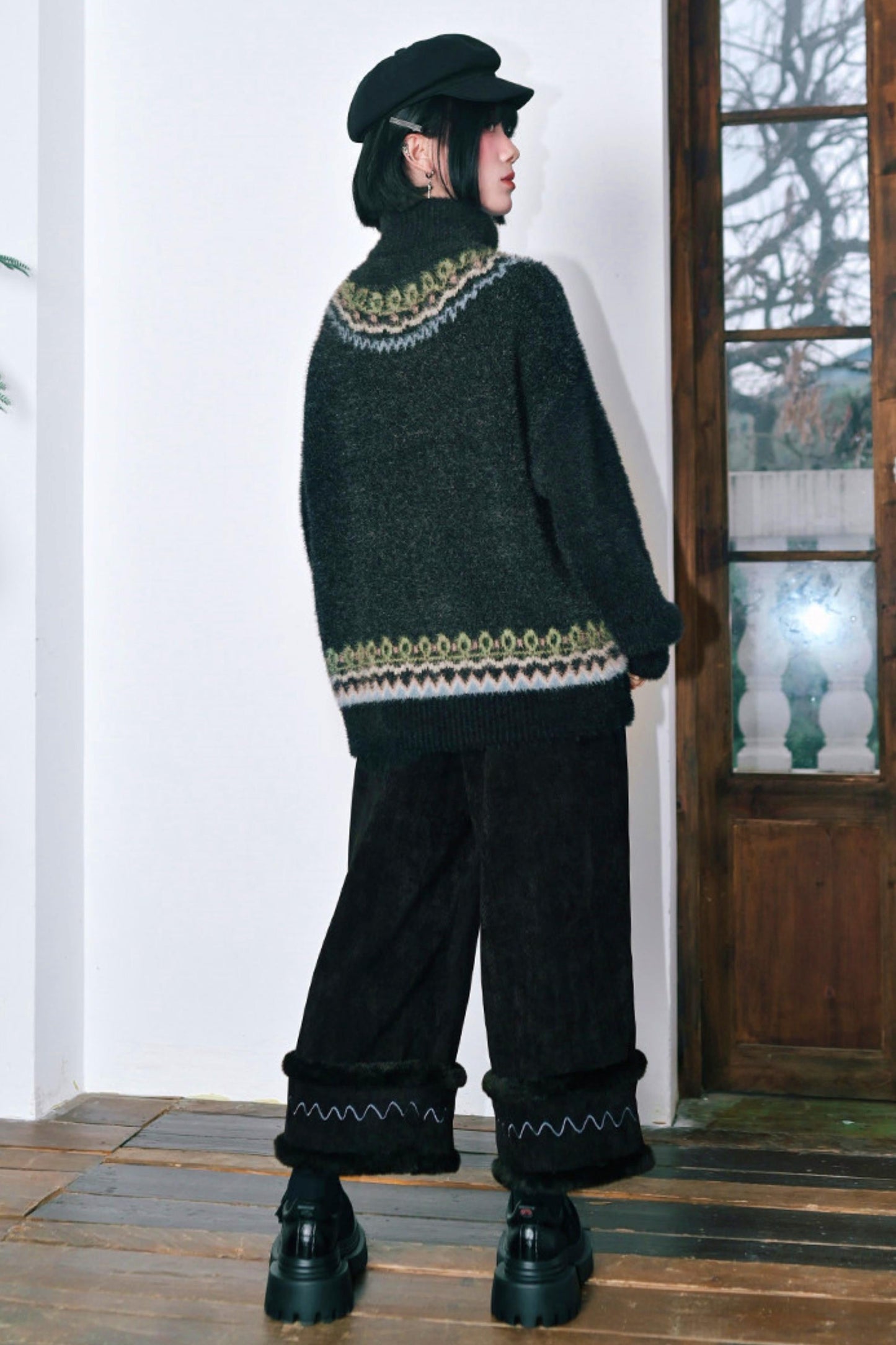 Four Pop Faux Fur Jacquard Sweater