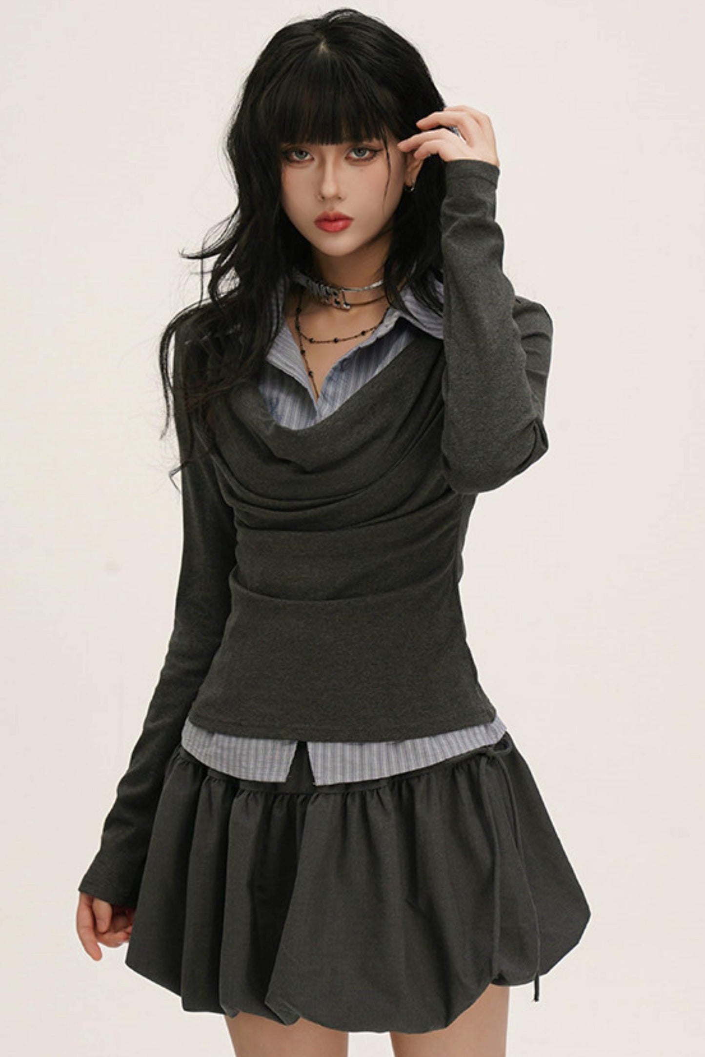 Drape Cowl Neck Layered Shirt