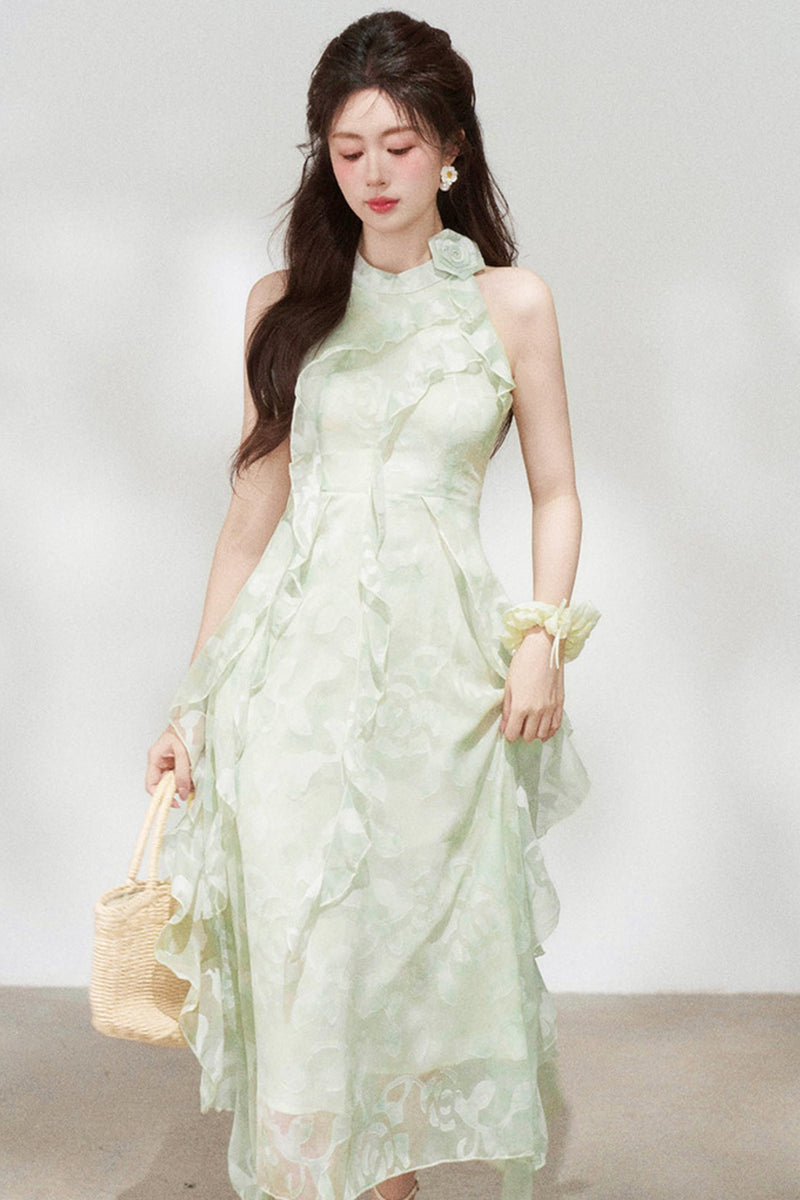 Ruffled Green Chiffon Dress + Outerwear