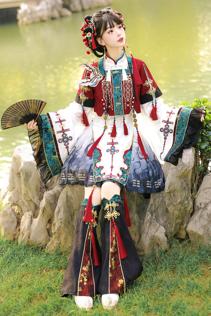 Cyber Chinese Fantasy Lolita Dress + Top + Outerwear + Skirt + Leg Warmers