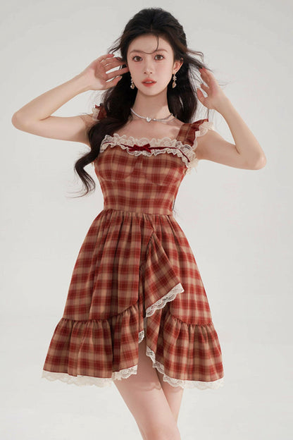 Sweet Red Plaid Lace Dress