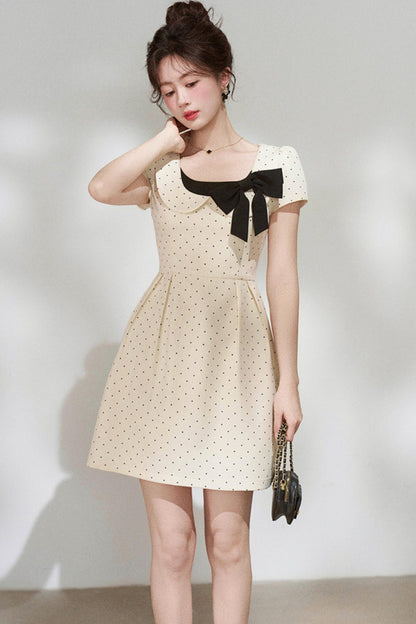 French Girly Ribbon Polka Dot Dress