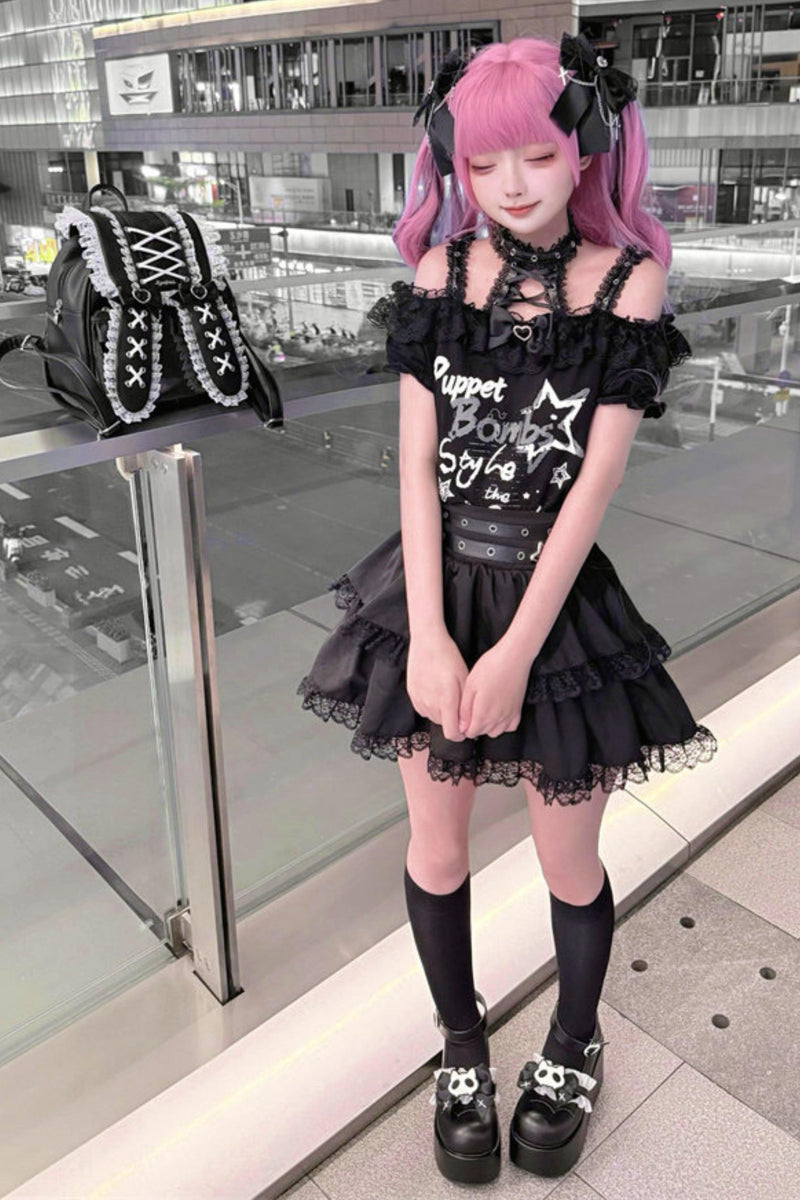 Lace-up Dark Kawaii T-shirt + Skirt + Bag + Hair Accessories