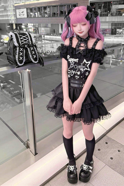 Lace-up Dark Kawaii T-shirt + Skirt + Bag + Hair Accessories