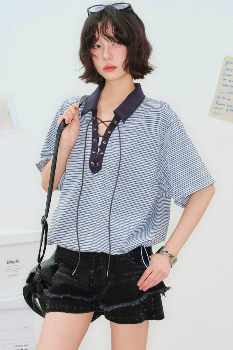 Striped Crop Polo Top