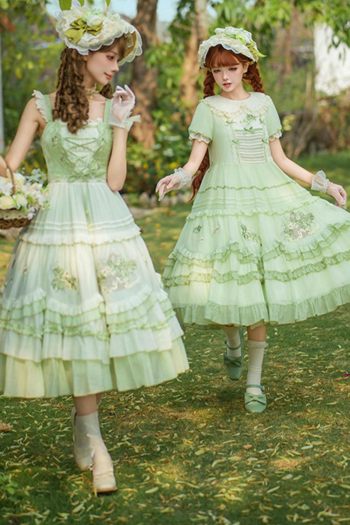 Green Embroidered Lolita One-piece Dress + Cardigan + Hat + Belt + Accessories