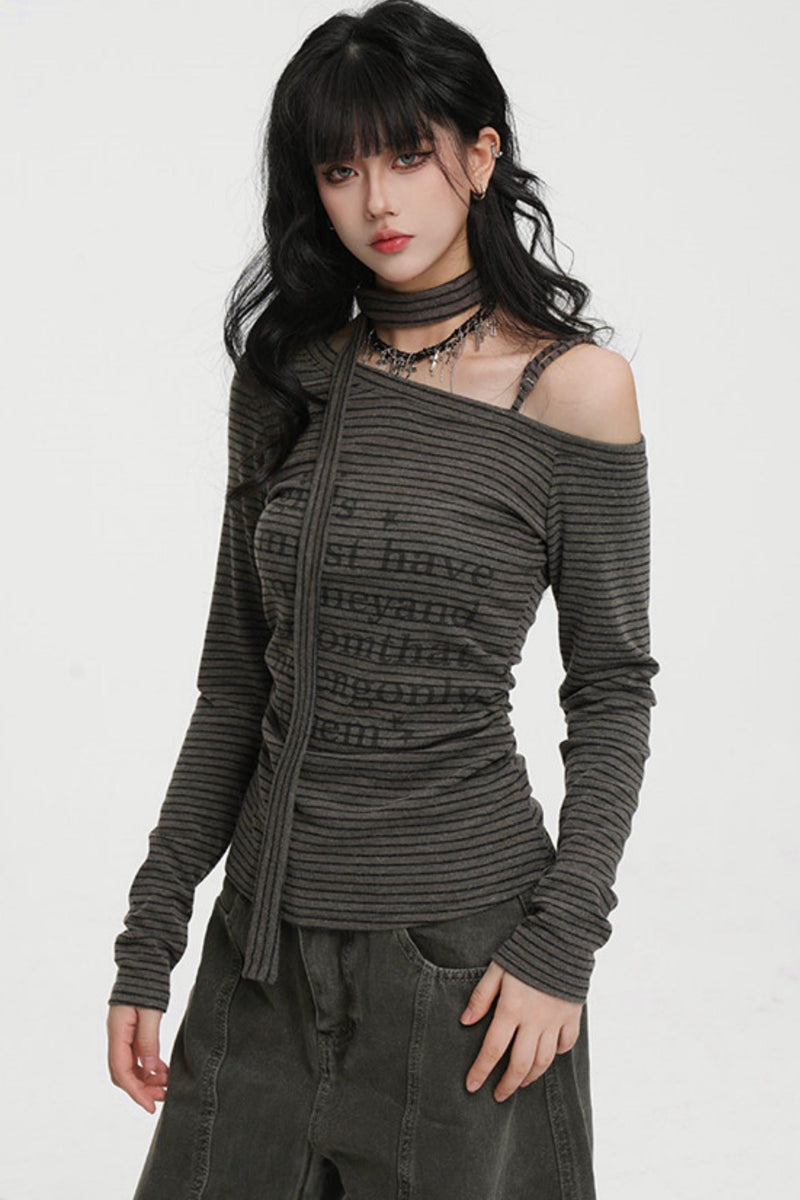 Striped One-shoulder Tie-neck Top