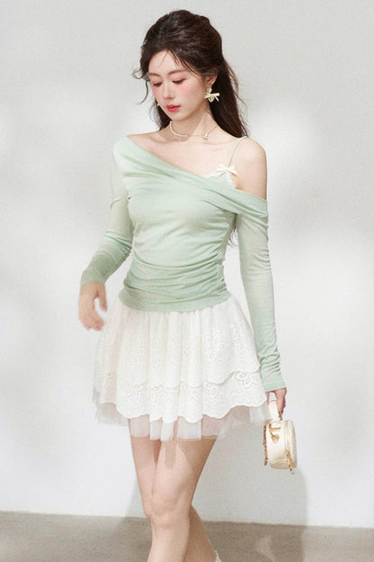 Sweet Green Off-shoulder Knit Top + Skirt