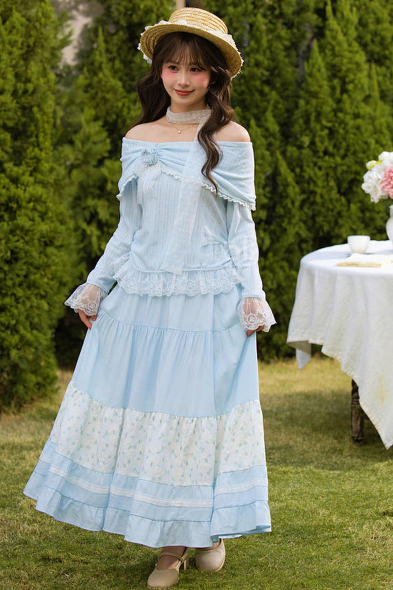 Lace Patchwork Off-shoulder Top + Long Skirt