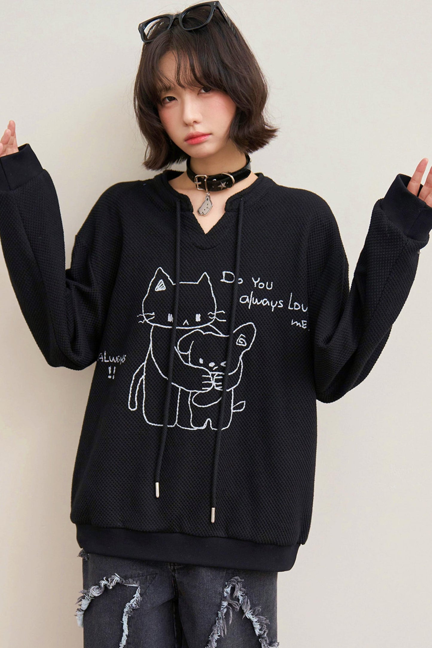 Cat Loose V Neck Sweatshirt