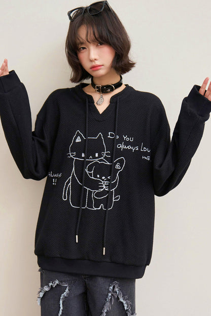 Cat Loose V Neck Sweatshirt