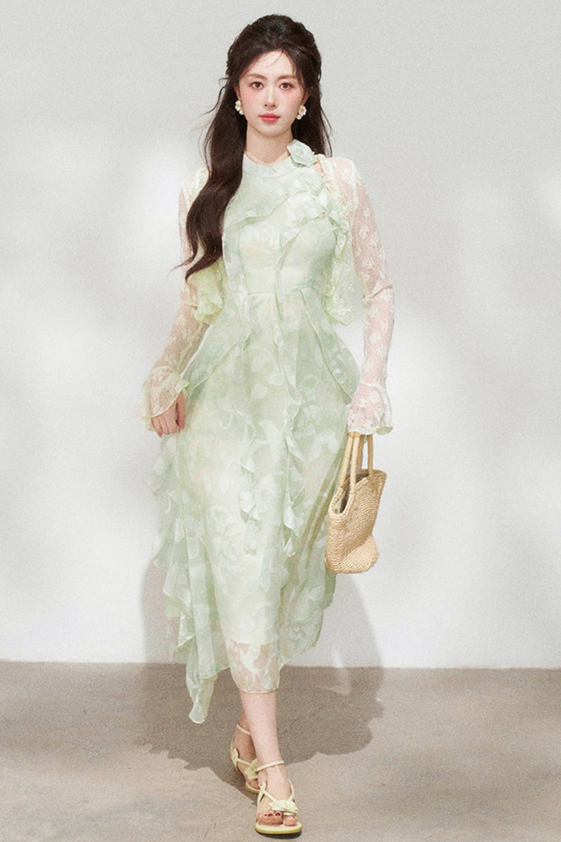 Ruffled Green Chiffon Dress + Outerwear