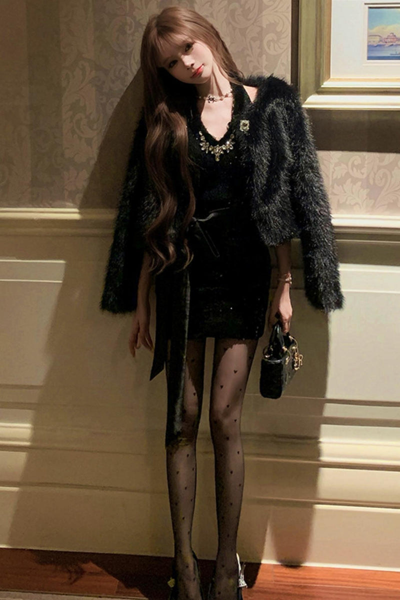 French Style Tight Dress + Fur Coat